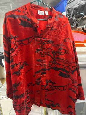 Chico's Red Top with Black Abstract Detail